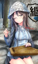 Rule 34 | 1girl, blouse, blue hat, blue jacket, blue shirt, blue skirt, brown eyes, brown hair, bt-42, closed mouth, collared shirt, commentary, dappled sunlight, emblem, girls und panzer, hat, highres, holding, holding instrument, instrument, jacket, kantele, keizoku (emblem), keizoku military uniform, keizoku school uniform, long hair, long sleeves, looking at viewer, mika (girls und panzer), military, military uniform, military vehicle, miniskirt, motor vehicle, music, one eye closed, open clothes, open jacket, outdoors, playing instrument, pleated skirt, raglan sleeves, redbaron, school uniform, shirt, sitting, skirt, smile, solo, striped clothes, striped shirt, sunlight, tank, track jacket, tree, tulip hat, uniform, vertical-striped clothes, vertical-striped shirt, white shirt, wing collar