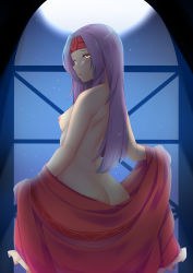 Rule 34 | 1girl, absurdres, ass, back, backlighting, blush, breasts, butt crack, clothes down, unworn clothes, commission, fire emblem, fire emblem: path of radiance, fire emblem: radiant dawn, full moon, highres, holding, holding clothes, indoors, light, light particles, long hair, long sleeves, looking back, moon, moonlight, nabunabu, night, night sky, nintendo, nipples, nude, off shoulder, open mouth, purple hair, sanaki kirsch altina, shoulder blades, sky, small breasts, solo, star (sky), starry sky, window, yellow eyes