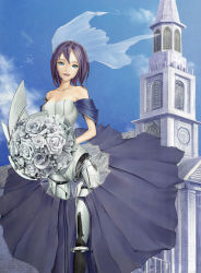 Rule 34 | 1girl, android, bad id, bad pixiv id, bouquet, bridal veil, bride, church, dress, flower, gundam, intuos9, mecha musume, personification, purple hair, self-upload, solo, strapless, strapless dress, turn a gundam, turn x, veil, wedding, wedding dress