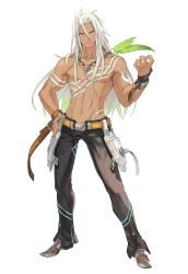 Rule 34 | 10s, 1boy, artist request, belt, black pants, brown eyes, full body, hand on own hip, jewelry, long hair, male focus, necklace, official art, pants, topless male, shoes, solo, standing, tales of (series), tales of zestiria, tattoo, white background, white hair, zaveid (tales)