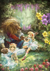Rule 34 | 2girls, blonde hair, blue eyes, dress, flower, lion, long hair, miyai haruki, multiple girls, original, scenery, wisteria