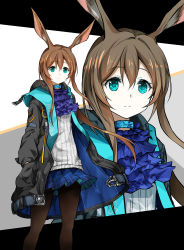 Rule 34 | 1girl, absurdres, amiya (arknights), animal ears, aqua eyes, arknights, arm at side, black background, black jacket, black pantyhose, blue eyes, blue skirt, brown hair, closed mouth, commentary request, face, feet out of frame, frown, grey background, hair between eyes, hands in pockets, highres, jacket, long hair, long sleeves, looking at viewer, miniskirt, multicolored background, multiple views, open clothes, open jacket, pantyhose, plaid, plaid skirt, pleated skirt, rabbit ears, ribbed shirt, shimoda masaya, shirt, skirt, standing, white background