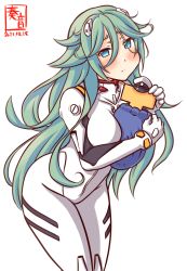 Rule 34 | 1girl, admiral (kancolle), artist logo, ayanami rei, ayanami rei (cosplay), baby, blush, bodysuit, breasts, cosplay, covered navel, cowboy shot, evangelion: 3.0+1.0 thrice upon a time, green eyes, green hair, hair between eyes, hair flaps, hairpods, hat, interface headset, kanon (kurogane knights), kantai collection, light smile, long hair, looking at viewer, medium breasts, neon genesis evangelion, nerv, one-hour drawing challenge, peaked cap, pilot suit, plugsuit, rebuild of evangelion, solo, t-head admiral, very long hair, white background, white bodysuit, yamakaze (kancolle)
