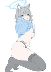 Rule 34 | 1girl, absurdres, animal ear fluff, animal ears, black panties, black thighhighs, blue archive, blue eyes, blue sweater, blush, breasts, clothes lift, commentary, cross, cross hair ornament, dorsiflexion, flat color, from side, grey hair, hair ornament, halo, highres, inverted cross, kneeling, lifted by self, long sleeves, looking at viewer, masabodo, medium hair, mismatched pupils, navel, nipples, no bra, no pants, no shoes, panties, parted lips, plantar flexion, revision, shiroko (blue archive), simple background, small breasts, smile, solo, stomach, sweater, sweater lift, symbol-only commentary, thighhighs, thighs, underwear, white background, wolf ears