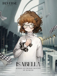 Rule 34 | 1girl, black bow, black bowtie, blurry, blurry background, bow, bowtie, brown hair, character name, clenched hand, closed mouth, copyright name, curly hair, dress, english text, frown, glasses, green eyes, hair ornament, hairclip, hand on own chest, hand up, highres, indoors, isabella (reverse:1999), layered sleeves, library, logo, long sleeves, looking at viewer, official art, reverse:1999, round eyewear, scrunchie, short hair, short over long sleeves, short sleeves, solo, upper body, white dress, wrist scrunchie