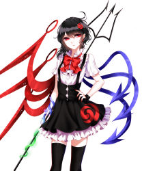 Rule 34 | 1girl, absurdres, adapted costume, asymmetrical wings, bad id, bad pixiv id, black hair, black skirt, black thighhighs, bow, bowtie, cowboy shot, frilled skirt, frills, hair ornament, highres, holding, holding weapon, houjuu nue, nail polish, polearm, puffy short sleeves, puffy sleeves, red bow, red bowtie, red nails, sheya, shirt, short sleeves, simple background, skirt, solo, suspender skirt, suspenders, thighhighs, touhou, trident, weapon, white background, white shirt, wings, wrist cuffs