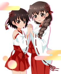 Rule 34 | 2girls, bad id, bad pixiv id, blush, braid, braided ponytail, brown eyes, brown hair, closed mouth, commentary, detached sleeves, egasumi, from side, girls und panzer, hair ornament, hair over shoulder, hair ribbon, hakama, hakama skirt, highres, holding hands, interlocked fingers, isobe noriko, japanese clothes, kimono, long hair, long sleeves, looking at viewer, miniskirt, multiple girls, nontraditional miko, open mouth, red hakama, red ribbon, red skirt, ribbon, ribbon-trimmed sleeves, ribbon trim, rukuriri (girls und panzer), short hair, single braid, skirt, sleeveless, sleeveless kimono, smile, standing, tanutika, white background, white kimono, white sleeves, wide sleeves, yuri
