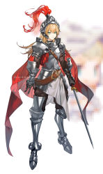 Rule 34 | 1girl, arlizi, armor, belt, blonde hair, breastplate, cape, copyright name, female knight (guardian tales), full body, green eyes, guardian tales, helmet, highres, holding, holding sword, holding weapon, knight, leg armor, long hair, pauldrons, red cape, shoulder armor, smile, solo, standing, sword, vambraces, weapon
