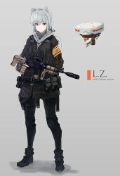 Rule 34 | 1girl, animal ears, armband, assault rifle, belt, belt pouch, black legwear, boots, brown eyes, drone, fingerless gloves, full body, gloves, grey background, grey hair, gun, hair ribbon, hood, hoodie, inabi, jacket, knee pads, long hair, looking at viewer, low ponytail, m4 carbine, original, ribbon, rifle, simple background, skirt, solo, standing, thigh strap, weapon
