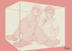Rule 34 | 2boys, artist name, book, box, commentary request, cramped, dress, facial mark, fuki (qeeppeeq), gash bell, greyscale, in box, in container, konjiki no gash!!, loafers, male focus, monochrome, multiple boys, necktie, one eye closed, shoes, short necktie, signature, sitting, sweatdrop, takamine kiyomaro