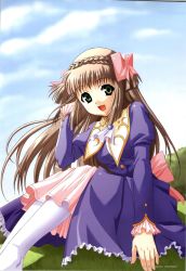 Rule 34 | 00s, 1girl, 2003, ascot, bistro cupid, bistro cupid 2, bow, braid, brown hair, celery periwinkle, crown braid, dated, dress, green eyes, highres, long hair, official art, pandaki (aki), pantyhose, pink bow, purple dress, scan, sitting, smile, solo, two side up, white ascot, white pantyhose