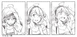 Rule 34 | 1girl, 2018, 3koma, ahoge, alternate costume, arm up, artist name, bandaid, bandaid on cheek, bandaid on face, blush, breasts, collarbone, comic, crying, crying with eyes open, dated, greyscale, hair between eyes, hairband, jacket, kantai collection, kawashina (momen silicon), monochrome, oboro (kancolle), open mouth, round teeth, scratching head, shirt, short hair, sweat, t-shirt, tears, teeth, upper body, white background