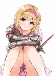 Rule 34 | 10s, 1girl, :d, aldehyde, armor, bare legs, between legs, blonde hair, blush, collarbone, djeeta (granblue fantasy), dress, fighter (granblue fantasy), frills, gauntlets, granblue fantasy, hairband, head tilt, open mouth, pink dress, puffy short sleeves, puffy sleeves, red eyes, scabbard, sheath, short hair, short sleeves, simple background, sketch, smile, solo, sword, thighs, weapon, white background