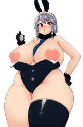 Rule 34 | 1girl, animal ears, blue eyes, blush, braid, breasts, breasts out, grey hair, highres, huge breasts, izayoi sakuya, looking at viewer, maid headdress, nipples, oozon (ozon), plump, puffy nipples, rabbit ears, short hair, solo, sweat, thick thighs, thighhighs, thighs, touhou, wide hips