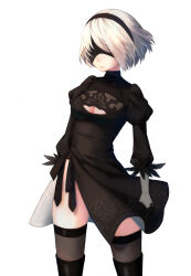 Rule 34 | 1girl, black blindfold, black footwear, black leotard, black thighhighs, blindfold, bob cut, boots, breasts, cleavage, cleavage cutout, closed mouth, clothing cutout, cowboy shot, gloves, headband, kagami25, leotard, long sleeves, medium breasts, mole, mole under mouth, nier:automata, nier (series), parted lips, short hair, simple background, solo, thigh boots, thighhighs, white background, white gloves, white hair, 2b (nier:automata)