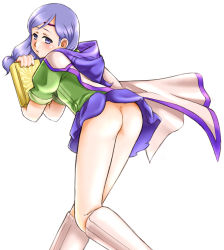 Rule 34 | 1girl, ass, blush, book, boots, cape, circlet, clothes lift, fire emblem, fire emblem: path of radiance, fire emblem: radiant dawn, ilyana (fire emblem), long hair, looking at viewer, looking back, low-tied long hair, md5 mismatch, nintendo, no panties, purple eyes, purple hair, resolution mismatch, sato iori, simple background, skirt, skirt lift, solo, source smaller, white background