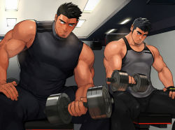 Rule 34 | 2boys, bara, bare arms, bare shoulders, black eyes, black hair, black leggings, black pants, black shirt, black tank top, bulge, covered erect nipples, dumbbell, exercising, facial hair, feet out of frame, grey tank top, gym, gym shirt, large pectorals, leggings, looking at another, male focus, multiple boys, muscular, muscular male, original, paid reward available, pants, pectorals, shirt, short hair, sleeveless, sleeveless shirt, spiked hair, spread legs, stubble, sweatdrop, tank top, tarutoru, thick thighs, thighs, undercut, veins, weightlifting, yaoi