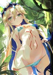 Rule 34 | 1girl, absurdres, bikini, blonde hair, blush, body markings, breasts, chest tattoo, commission, commissioner upload, elf, green eyes, hair between eyes, headpiece, highres, long hair, midriff, original, outdoors, pointy ears, small breasts, solo, star (symbol), star print, stomach tattoo, sunlight, swimsuit, tattoo, toshizou (0714), tree, tree shade, very long hair, vivi (ac8231)