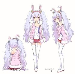 Rule 34 | 1girl, :o, animal ears, azur lane, blush, breasts, coat, collarbone, commentary request, facing away, fake animal ears, full body, fur trim, hair between eyes, hairband, laffey (azur lane), long hair, looking at viewer, moupii (hitsuji no ki), multiple views, parted lips, pink coat, pleated skirt, rabbit ears, red skirt, shirt, signature, silver hair, simple background, skirt, small breasts, standing, thighhighs, twintails, very long hair, white background, white shirt, white thighhighs, zettai ryouiki