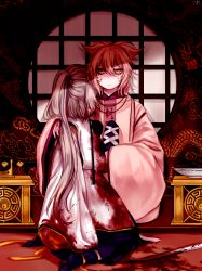 Rule 34 | 2boys, blonde hair, blood, blood on clothes, blood stain, death, empty eyes, expressionless, full body, hat, highres, indoors, japanese clothes, kariginu, long hair, long sleeves, looking at viewer, mononobe no futo, multiple boys, pointy hair, pom pom (clothes), ponytail, round window, short hair, silver hair, sword, tate eboshi, tis (shan0x0shan), touhou, toyosatomimi no miko, weapon, wide sleeves, window, yellow eyes