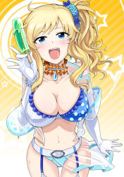 Rule 34 | 10s, 1girl, belt, bikini, blonde hair, blue eyes, blush, bowieknife, breasts, choker, cleavage, elbow gloves, food, frilled bikini, frills, garter straps, gloves, hair ornament, idolmaster, idolmaster cinderella girls, jewelry, large breasts, long hair, looking at viewer, navel, necklace, ohtsuki yui, panties, pendant, popsicle, see-through, sexually suggestive, side ponytail, smile, solo, swimsuit, thigh gap, underwear