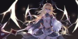 Rule 34 | 1girl, artist name, bare shoulders, black background, black skirt, blonde hair, blue eyes, closed mouth, copyright request, expressionless, flat chest, floating hair, head tilt, headgear, highres, holding, holding weapon, long hair, long sleeves, looking at viewer, navel, negative space, outstretched hand, revealing clothes, skirt, solo, stomach, swd3e2, swept bangs, very long hair, weapon, wide sleeves