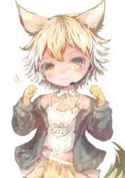 Rule 34 | 1girl, absurdres, animal ears, belt, blonde hair, camisole, coyote (kemono friends), extra ears, gloves, highres, jacket, kemono friends, kemono friends v project, looking at viewer, maki gamin, microphone, short hair, simple background, skirt, solo, tail, virtual youtuber, wolf ears, wolf girl, wolf tail, yellow eyes