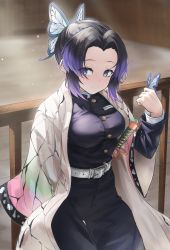Rule 34 | 1girl, absurdres, belt, black hair, breasts, bug, butterfly, butterfly hair ornament, commentary request, gradient hair, hair ornament, haori, highres, ildy, insect, japanese clothes, katana, kimetsu no yaiba, kochou shinobu, long sleeves, multicolored hair, parted bangs, purple eyes, purple hair, short hair, smile, solo, sword, weapon, white belt