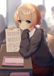 Rule 34 | 1girl, ahoge, arm support, blonde hair, blurry, blurry background, blush, classroom, closed mouth, commentary request, desk, from side, green eyes, hair ornament, hand on own cheek, hand on own face, head on hand, holding, holding paper, indie virtual youtuber, indoors, jacket, long sleeves, looking at viewer, paper, pom pom (clothes), pom pom hair ornament, school desk, school uniform, shigure ui (vtuber), shigure ui (vtuber) (2nd costume), sitting, smile, smug, solo focus, academic test, test score, virtual youtuber, yukidaruma718