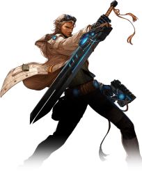 Rule 34 | artist request, belt, coat, dark-skinned male, dark skin, dungeon and fighter, facial hair, gauntlets, glasses, goggles, goggles on head, gun, gunblader (dungeon and fighter), handgun, male focus, neon lights, official art, open clothes, open coat, pistol, solo, specialist (dungeon and fighter), stubble, sword, transparent background, weapon, white hair