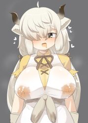 Rule 34 | 1girl, @ @, ahoge, blush, breasts, brown eyes, brown horns, brown ribbon, commentary request, covered erect nipples, dress, drooling, gloves, grey background, hair between eyes, hair over one eye, heart, highres, horns, huge breasts, kemono friends, lactation, lactation through clothes, lets0020, long bangs, long hair, looking at viewer, mouth drool, neck ribbon, nipples, open mouth, ox ears, ox girl, ox horns, pinafore dress, ribbon, shirt, short sleeves, sidelocks, simple background, sleeveless, sleeveless dress, smile, solo, upper body, very long hair, white gloves, white hair, yak (kemono friends), yellow shirt
