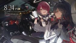 Rule 34 | 2girls, angel, anger vein, animal ear fluff, animal ears, arknights, black capelet, black gloves, black hair, black jacket, black pantyhose, capelet, car, car interior, cellphone, commentary, detached wings, driving, exusiai (arknights), fingerless gloves, food, gloves, hair over one eye, halo, highres, holding, holding food, holding phone, holding pocky, jacket, kuroduki (pieat), long hair, motor vehicle, multicolored clothes, multicolored jacket, multiple girls, open mouth, pantyhose, phone, pocky, pointing, rain, red hair, revision, round teeth, short hair, smartphone, sparkling eyes, steering wheel, teeth, texas (arknights), thigh strap, timestamp, two-tone jacket, upper teeth only, white jacket, wings, wolf ears, wolf girl