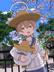 Rule 34 | 1girl, black skirt, blue archive, brown hair, collarbone, commentary, dual wielding, english commentary, flower, giving, hair between eyes, halo, hat, hifumi (blue archive), highres, holding, holding flower, hugging doll, hugging object, long hair, long sleeves, looking at viewer, low twintails, outdoors, peroro (blue archive), photo-referenced, photo background, pleated skirt, school uniform, serafuku, sidelocks, sixten, skirt, solo, sombrero, stuffed animal, stuffed bird, stuffed toy, twintails, yellow eyes