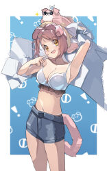 Rule 34 | 1girl, absurdres, animal, animal ears, animal on head, arknights, arm up, armpits, bare arms, bare shoulders, bikini, blue shorts, breasts, cat ears, cat tail, cleavage, commentary, cowboy shot, goldenglow (arknights), goldenglow (summer flowers) (arknights), head tilt, highres, large breasts, medium breasts, navel, on head, pink hair, plabit, shorts, solo, standing, stomach, swimsuit, symbol-only commentary, tail, thighs, white bikini, yellow eyes