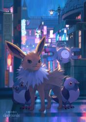 Rule 34 | animal focus, artist name, backlighting, bird, city, city lights, cityscape, clockbirds, closed mouth, commentary, constricted pupils, creatures (company), crosswalk, dark, dusk, english commentary, floating, fluffy, full body, game freak, gen 1 pokemon, gen 5 pokemon, green eyes, highres, jolteon, lamppost, looking ahead, looking at viewer, looking up, magnemite, making-of available, multicolored eyes, neon lights, neon sign, nintendo, no humans, no mouth, no sclera, open mouth, outdoors, photoshop (medium), pidove, pigeon, poke ball, pokemon, pokemon (creature), purple eyes, rain, reflective floor, rooftop, sign, sky, smile, speedpaint, standing, sticker, water drop, window, yellow eyes