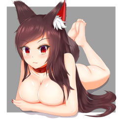 Rule 34 | &gt;:3, 1girl, :3, animal ears, barefoot, blush, breasts, brown hair, cleavage, closed mouth, collar, collarbone, fang, feet, feet together, full body, highres, imaizumi kagerou, large breasts, legs up, long hair, looking at viewer, lying, nail polish, nekoda (maoda), nude, on stomach, red eyes, red nails, slit pupils, soles, solo, tail, the pose, toes, touhou, v-shaped eyebrows, wolf ears, wolf tail