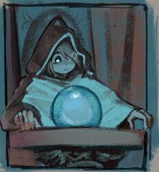 Rule 34 | 1girl, cheenmachine, cloak, closed mouth, copyright request, hair ornament, hair over one eye, hairclip, hood, hooded cloak, meme, one eye covered, orb, pondering my orb (meme), sitting, solo