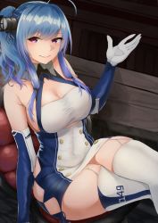 Rule 34 | 1girl, absurdres, ahoge, azur lane, bare shoulders, blue hair, blush, breasts, cleavage, couch, crossed legs, dress, elbow gloves, garter straps, gloves, hair between eyes, hair ornament, hand up, highres, hitsuji (sheepsb22), large breasts, long hair, looking at viewer, purple eyes, sidelocks, sitting, skindentation, smile, solo, st. louis (azur lane), strapless, strapless dress, thighhighs, thighs, tube dress, wavy hair, white gloves