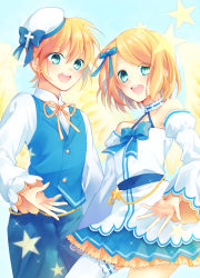 Rule 34 | 1boy, 1girl, :d, artist request, blonde hair, blue pants, blue ribbon, blue vest, brother and sister, chain, choker, collarbone, cowboy shot, cross, detached sleeves, dress, frilled dress, frills, gold chain, green eyes, hair between eyes, hair ornament, hair ribbon, kagamine len, kagamine rin, looking at viewer, open mouth, pants, ribbon, shirt, short hair, siblings, simple background, smile, standing, star (symbol), strapless, strapless dress, thighhighs, twins, vest, vocaloid, white background, white dress, white shirt, white thighhighs, wings, yellow ribbon
