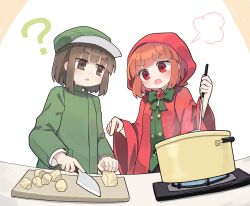 Rule 34 | 2girls, :o, ?, blush, bow, brooch, brown background, brown eyes, brown hair, commission, cooking, cooking pot, copyright request, cutting board, flat cap, food, green bow, green hat, green jacket, green vest, hat, holding, holding knife, hood, hood up, hooded jacket, jacket, jewelry, kibisake, knife, ladle, long sleeves, multiple girls, open clothes, open jacket, open mouth, orange hair, parted lips, pointing, red eyes, red jacket, shirt, skeb commission, two-tone background, upper body, vest, white background, white shirt, wide sleeves