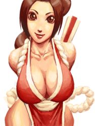 Rule 34 | 1girl, bare shoulders, breasts, brown eyes, brown hair, cleavage, curvy, fatal fury, folded fan, folding fan, hair ribbon, hand fan, huge breasts, japanese clothes, kuroneco, lips, pelvic curtain, ponytail, ribbon, shiranui mai, simple background, snk, solo, the king of fighters