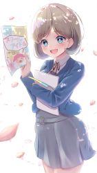 Rule 34 | 1girl, :d, absurdres, bad id, bad pixiv id, blue eyes, blue jacket, blush, collared shirt, dress, flyers (death parade), grey dress, grey hair, highres, holding, holding paper, jacket, long sleeves, looking at viewer, love live!, love live! superstar!!, neck ribbon, open mouth, panaham, paper, petals, pinafore dress, red ribbon, ribbon, school uniform, shirt, short hair, simple background, sleeveless, sleeveless dress, smile, solo, tang keke, teeth, uniform, upper teeth only, white background