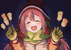 Rule 34 | 1girl, :d, blush, brown hat, closed eyes, coat, commentary request, eyelashes, facing viewer, food, fuwamoko momen toufu, gloves, green scarf, hands up, happy, hat, highres, holding, holding stick, kagamihara nadeshiko, long sleeves, marshmallow, night, open mouth, outdoors, pink hair, scarf, sky, smile, solo, stick, teeth, tongue, upper body, upper teeth only, yurucamp, |d