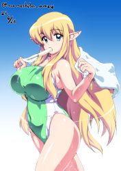 Rule 34 | 1girl, blonde hair, blue eyes, breasts, competition swimsuit, covered navel, cowboy shot, elf, food, food in mouth, green one-piece swimsuit, hair between eyes, highleg, highleg swimsuit, highres, holding, holding food, holding towel, huge breasts, long hair, mouth hold, multicolored clothes, multicolored swimsuit, nafta, one-piece swimsuit, pointy ears, popsicle, popsicle in mouth, sidelocks, solo, standing, swimsuit, tiffania westwood, towel, two-tone swimsuit, very long hair, wet, white one-piece swimsuit, zero no tsukaima