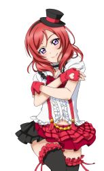 Rule 34 | 1girl, artist request, black thighhighs, blush, bokura wa ima no naka de, bow, choker, closed mouth, collarbone, fingerless gloves, frills, gloves, hat, heart, lace, lace-trimmed legwear, lace trim, looking at viewer, love live!, love live! school idol festival, love live! school idol festival after school activity, love live! school idol project, mini hat, nishikino maki, official art, parted bangs, plaid, puffy short sleeves, puffy sleeves, purple eyes, red hair, ribbon, short sleeves, skirt, smile, solo, suspenders, thighhighs, transparent background