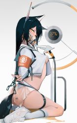 Rule 34 | 1girl, animal ears, arknights, armband, arms behind back, ass, ass tattoo, barcode, barcode tattoo, black hair, blush, bound, bound arms, breasts, buckle, chain, chained, eyyy, from side, full body, gas mask, headgear, highres, kneehighs, kneeling, long hair, long sleeves, looking at viewer, looking to the side, machinery, mask, medium breasts, miniskirt, nike (company), nike air force 1, no bra, panties, penguin logistics logo, revealing clothes, see-through, shoes, skirt, sneakers, socks, solo, tail, tattoo, texas (arknights), thigh strap, underboob, underwear, v-shaped eyebrows, white background, white footwear, white panties, white socks, wolf ears, wolf girl, wolf tail, yellow eyes