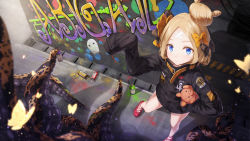 Rule 34 | 1girl, abigail williams (fate), abigail williams (traveling outfit) (fate), bad id, bad pixiv id, bae.c, black bow, black jacket, blonde hair, blue eyes, bow, character name, closed mouth, commentary request, fate/grand order, fate (series), from above, graffiti, hair bow, hair bun, hand up, highres, jacket, long hair, long sleeves, looking at viewer, looking up, medjed (fate), hugging object, official alternate costume, orange bow, parted bangs, polka dot, polka dot bow, red footwear, shoes, single hair bun, sleeves past fingers, sleeves past wrists, smile, solo, spray can, standing, stuffed animal, stuffed toy, suction cups, teddy bear, tentacles