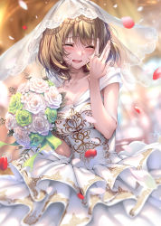 Rule 34 | 1girl, :d, blurry, blurry background, blush, bouquet, breasts, bridal veil, brown hair, church, cleavage, closed eyes, collarbone, dress, earrings, flower, frilled dress, frills, hair between eyes, highres, idolmaster, idolmaster cinderella girls, indoors, jewelry, looking at viewer, lower teeth only, medium breasts, mole, mole under eye, off-shoulder dress, off shoulder, open mouth, petals, piromizu, ring, rose petals, see-through, short hair, sleeveless, smile, solo, stained glass, takagaki kaede, teeth, veil, wedding, wedding dress, wedding ring, white dress, white flower