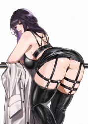Rule 34 | 1girl, arm rest, ass, bent over, black panties, black skirt, black thighhighs, blunt bangs, blush, breasts, coat, commentary, english commentary, eyelashes, feet out of frame, from behind, garter straps, goddess of victory: nikke, hair intakes, highres, huge ass, kitty keihara, lab coat, large breasts, latex, lips, long hair, looking at viewer, looking back, mihara (nikke), miniskirt, o-ring, panties, pencil skirt, purple eyes, purple hair, simple background, skindentation, skirt, smile, solo, standing, taut clothes, thick thighs, thighhighs, thighs, thong, twitter username, underwear, unworn coat, white background, white coat