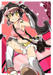 Rule 34 | black hair, blush, converse, fingerless gloves, gloves, ixy, original, shoes, skirt, sneakers, solo, twintails, yellow eyes
